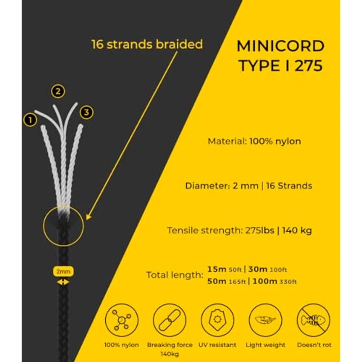 EdcX Paracord 275, 2mm Nylon Seil mit 220 lbs Bruchlast, Skylight, 100 m Spule – Bild 4