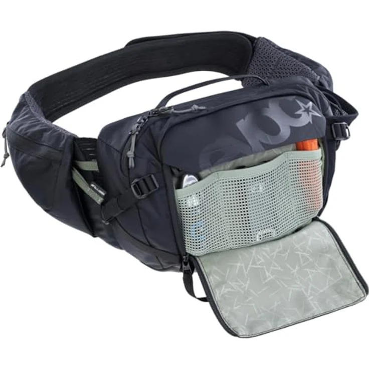 EVOC HIP PACK PRO 3 + HYDRATION BLADDER 1,5, Hüfttasche mit AIR FLOW CONTACT SYSTEM, AERO FLEX Hüftgurt, 1,5l Trinkblase und Werkzeugfach, One Size, Schwarz – Bild 4