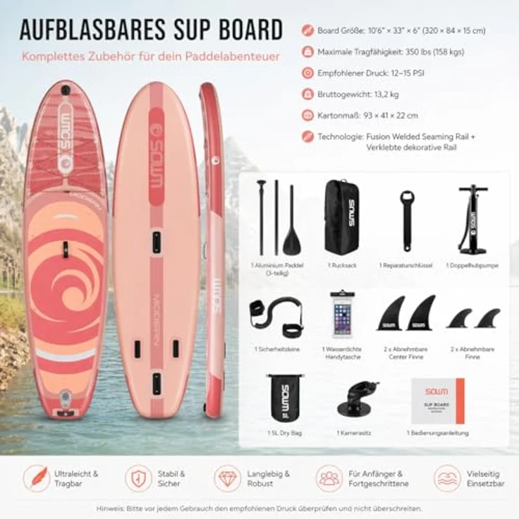 COIL Aufblasbares SUP-Board Set, Stand Up Komplettset mit wasserdichter Handytasche, stabil, leicht, inkl. Paddel und Pumpe, Pfirsich, 320x84x15cm – Bild 2