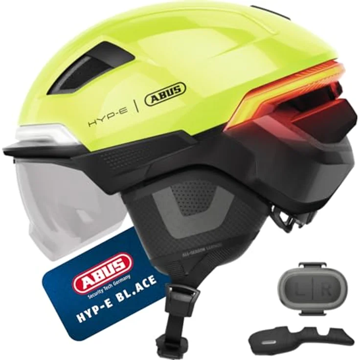ABUS HYP-E B.LACE Fahrradhelm, mit Front-, Rück- und Blinklicht, kabellosem Bremslicht, Visier und Ohrenschützern, Größe L, Signal Gelb – Bild 1