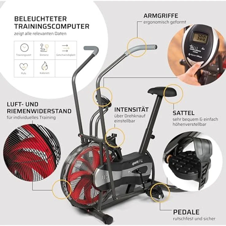 SportPlus Air Bike mit Luftwiderstand und Riemenbremssystem - effizienter HIIT Heimtrainer für Arme und Beine, mit Trainingscomputer, sicher & stabil bis 100kg, kompakte Maße, SP-FB-1000 – Bild 5