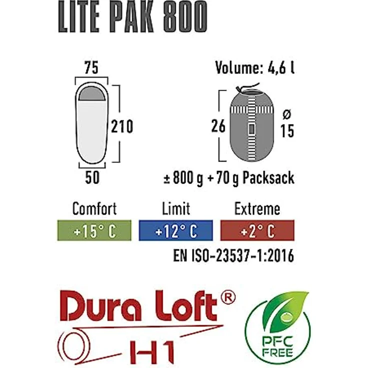 High Peak Lite Pak 800, Kunstfaserschlafsack für Sommerabenteuer, 210 cm, wasserabweisend, komfortabel bis 15°C, leicht 870 g, kompaktes Packmaß 26 x 15 cm – Bild 4