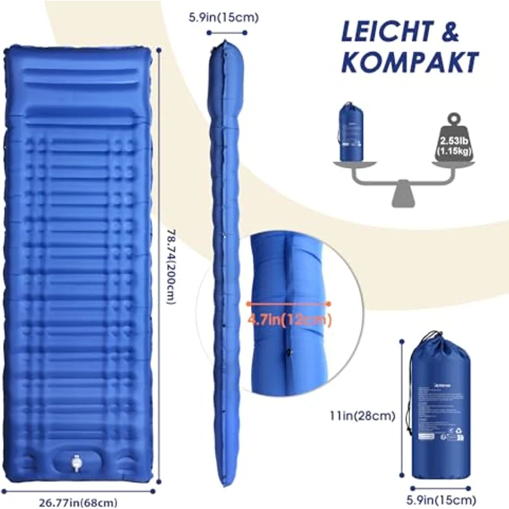 Arlierss Camping Isomatte 12CM Dick mit Integrierter Fußpumpe und Kissen, ultraleicht, wasserfest, 200 x 68 cm – Bild 3