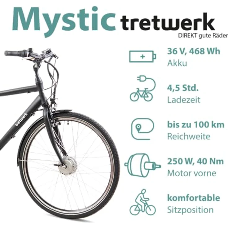 TRETWERK - 28 Zoll E-Bike Herren Pedelec - Mystic schwarz - E-Citybike mit 7 Gang Shimano Nexus Nabenschaltung - Elektrofahrrad mit Frontmotor 250W, 36V – Bild 3