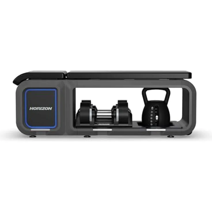 Horizon Fitness Hantelbank mit 5-fach verstellbarer Rücklehne inklusive 1 Paar verstellbare Kurzhanteln (2 bis 20 kg) und 1 verstellbare Kettlebell (6-16 kg), robuste Rahmenkonstruktion