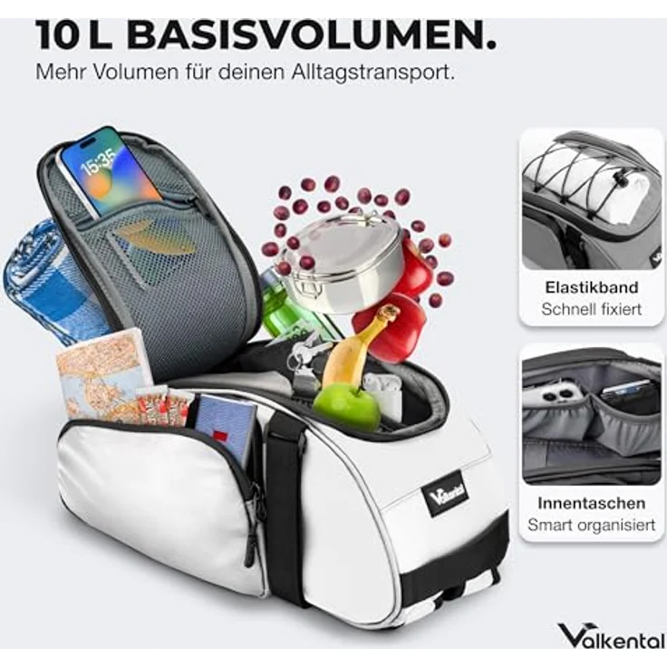 Valkental 3in1 Fahrradtasche für Gepäckträger, 10-14L Volumen, wasserfest & reflektierend, mit Rucksackfunktion und Tragegriff, schwarze Variante – Bild 3