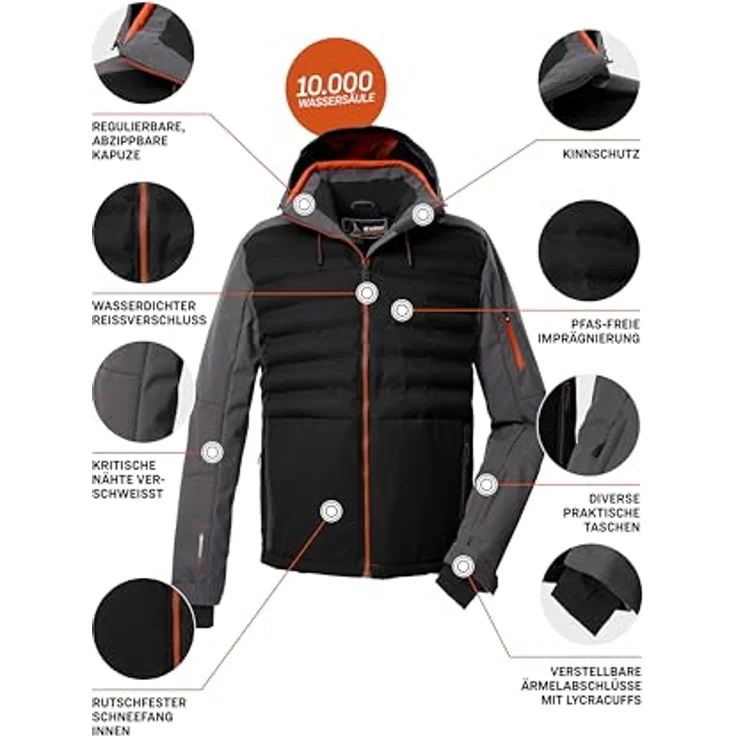 Killtec Ksw 72 Mn, Herren Skijacke in Schwarz, winddicht und wasserabweisend mit 10.000 mm Wassersäule, Hybridoptik, Größe L – Bild 5