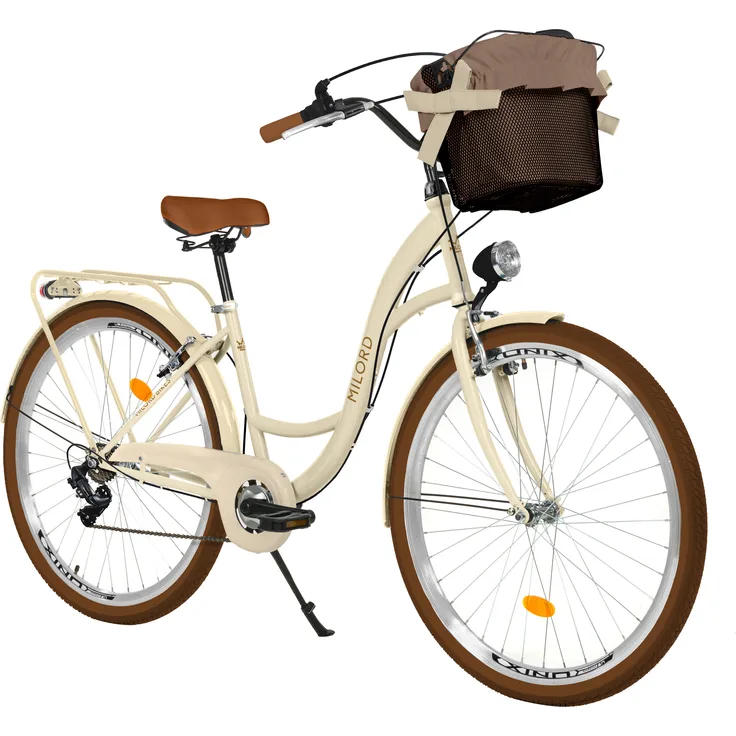 Milord Komfort Fahrrad Mit Korb Damenfahrrad, 28 Zoll, Beige-Braun, 7 Gang Shimano