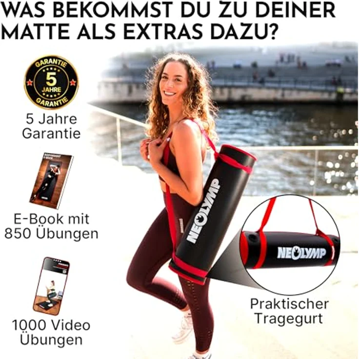 NEOLYMP Fitnessmatte extra dick, rutschfest mit Aufhänge-Ösen, Tragegurt & E-Book – Yogamatte und Pilates Matte (Schwarz-Rot, 183 × 80 cm) – Bild 2