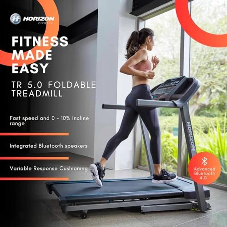Horizon Fitness eTR5.0 Laufband mit starkem 2 PS Motor, Bluetooth-fähige Lautsprecher, gelenkschonend, FeatherLight Folding, schwarz – Bild 2