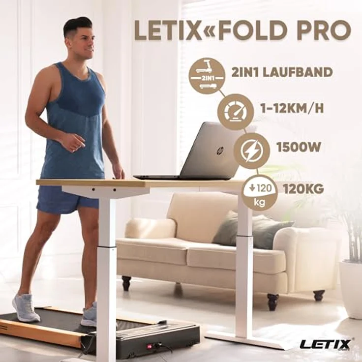 Elektrisches Laufband FoldPro 2in1 mit LCD-Display, Bluetooth & APP Funktion, für zu Hause und Büro, motorisiertes Fitnessgerät, Heimtrainer (Holzoptik) – Bild 2