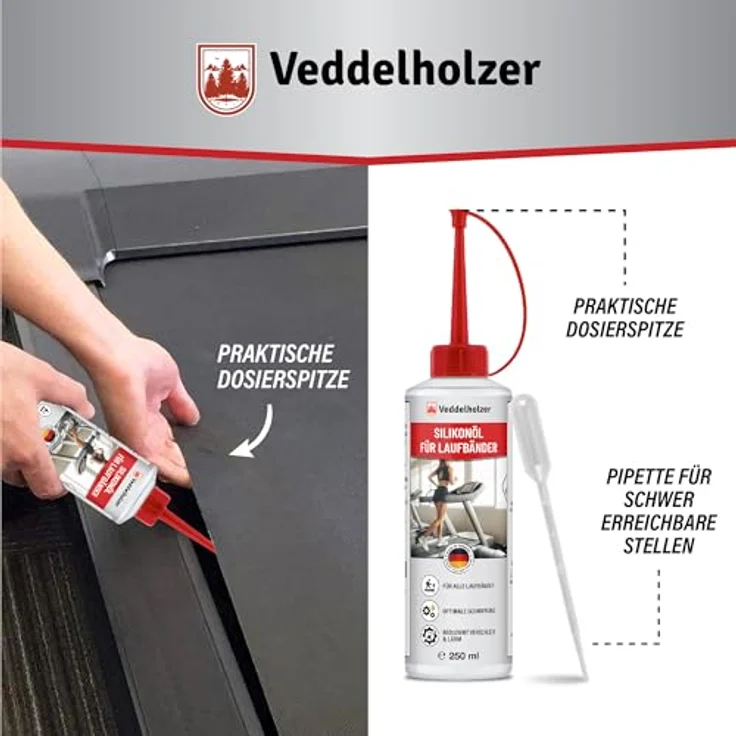 Veddelholzer Silikonöl 250 ml, 100% reines Schmieröl für Laufbänder, Cross Trainer und Spinning Bikes mit Dosierkappe & Pipette, geruchsneutral, Made in Germany – Bild 2