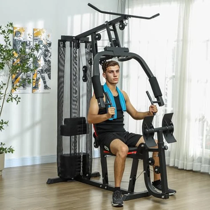 SPORTNOW Kraftstation, Multifunktionale Fitnessstation mit Latzug- & Butterflystange, Beinpresse, 45 kg Gewichtsblöcken, Schwarz – Bild 2