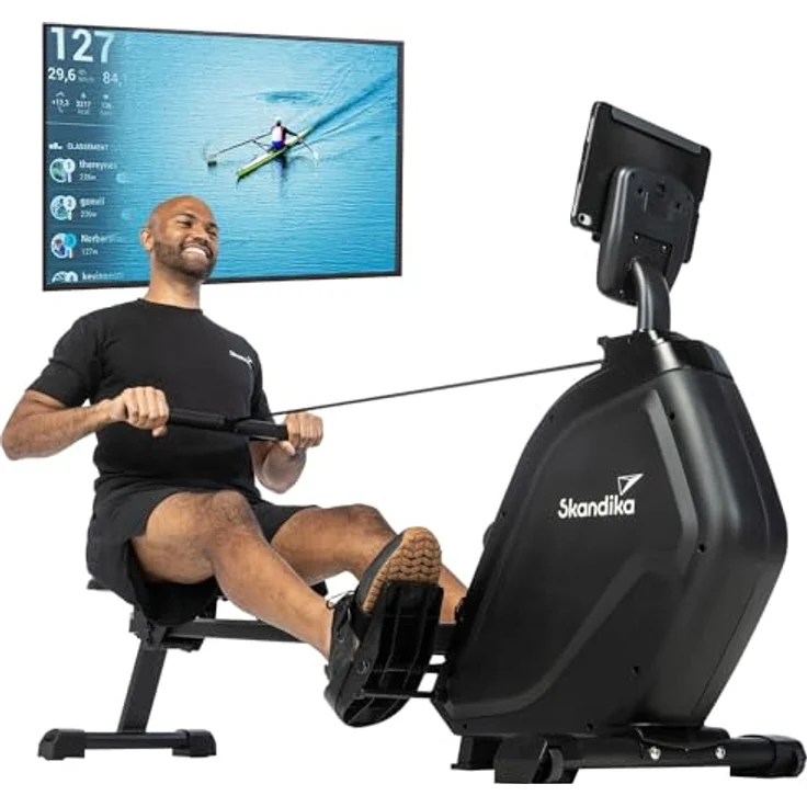 Skandika Rudergerät Munin | Rudergerät für zuhause, klappbar, 16-stufiger Magnetwiderstand, 8 kg Schwungmassensystem, Kinomap App kompatibel | Fitnessgerät (schwarz) – Bild 1