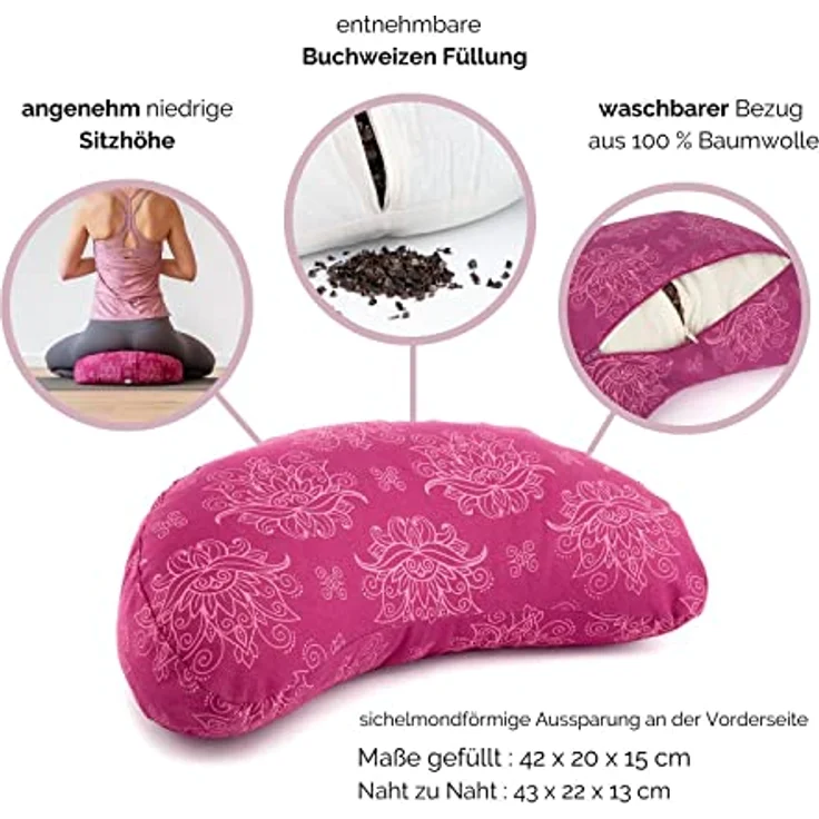 Bodhi | Yogi MOND Meditationskissen Lotus | Maharaja Collection | Yoga & Meditation | Yogakissen gemustertes Halbmond-Kissen mit Buchweizen-Füllung und abnehmbarem Bezug aus Baumwolle, Berry – Bild 3