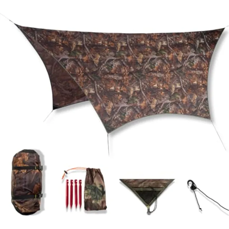 AMAZONAS Traveller Tarp Forest, Ultra-Light Wetterschutz aus Fallschirmseide, 650g, Packmaß 25 x 10 cm, Tarnoptik Blätterwald