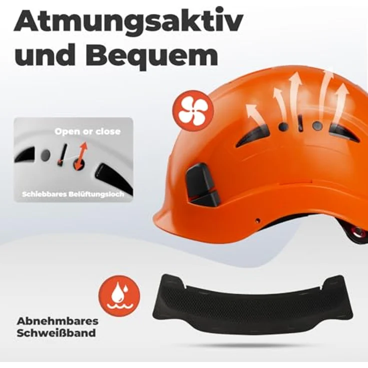 Mustbau Helm HSE06S, Kletterhelm mit gefütterten Schaumstoffpolstern, verstellbarem Drehknopf und robustem Visier, orange – Bild 2