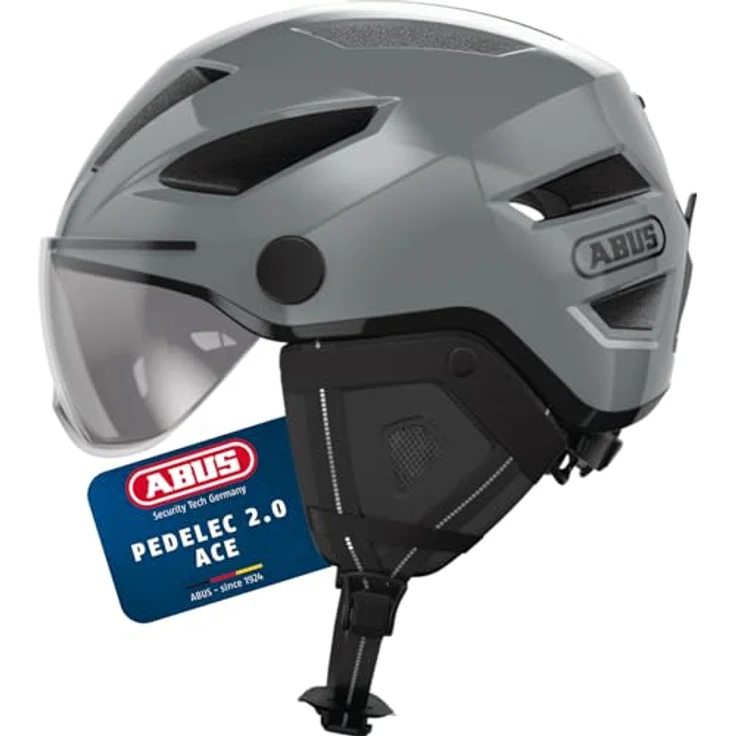 ABUS Pedelec 2.0 ACE, Fahrradhelm mit Rücklicht, Visier, Regenhaube, Ohrenschutz, grau, Größe M – Bild 1