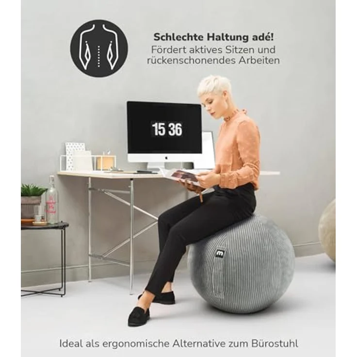 mokebo Stoff Sitzball Büro ergonomisch 'Der Sportliche', 65cm Breite, Cordbezug, Gymnastikball mit Pumpe – Bild 2