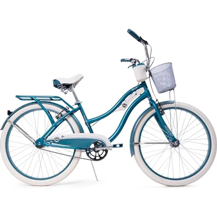 Huffy Deluxe Cruiser Unisex 26 Zoll Fahrrad, Citybike, Türkis, Perfect Fit Rahmen, Deluxe-Sattel, Dual-Density Griffe und Pedale, Alu-V-Bremsen, Drahtkorb und Getränkehalter – Bild 3