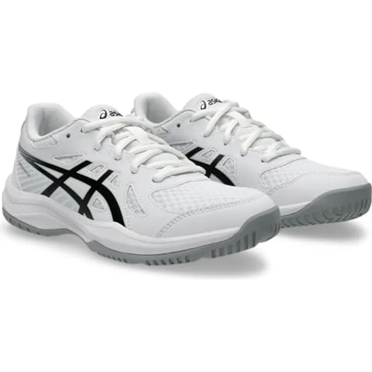 Asics Upcourt 6 GS, Hallensportschuhe für Kinder aus Lederimitat mit stabilisierenden Overlays, weiß