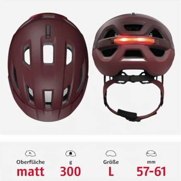 ABUS Stadthelm Urban-I 4.0 ACE, Fahrradhelm mit aufladbarem Rücklicht, 4 Leuchtmodi, Schirm, Zopf-Öffnung, magnetischem Verschluss - Größe L, rot – Bild 3