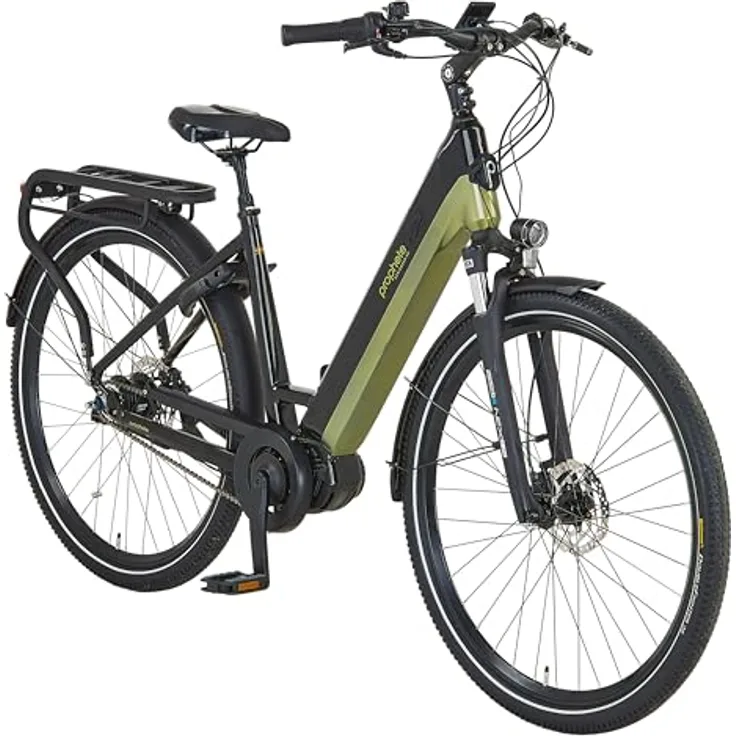 Prophete GENIESSER 5.0 Damen City E-Bike 28", AEG Mittelmotor 250W, 220 km Reichweite, 7-Gang Nabenschaltung, hydraulische Scheibenbremsen, TFT Display, integrierter Li-Ion Akku, Schwarz/Silbergrün