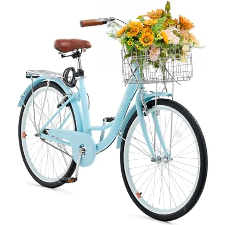 VEVOR Cruiser Fahrrad 26 Zoll, Beach Fahrrad mit verstellbarem Sitz, großem Korb & Gepäckträger, Hellblau – Bild 1