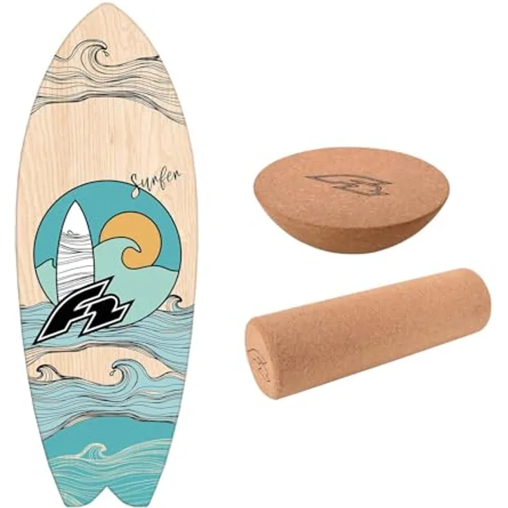 F2 Balance Board Surfer 87x32cm, Set mit Halbkugel und Korkrolle, rutschfest aus 8-lagigem Birkenholz