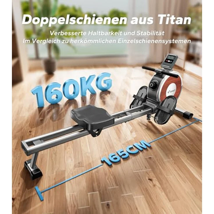 MERACH Rudergerät für Zuhause, Magnetisches Bluetooth Rudergeräte mit 16 Widerstandsstufen, Upgrade auf Doppel-Slide-Rails, Maximale Belastbarkeit von 160 KG, Vertikale Aufbewahrung, Platzersparnis – Bild 3