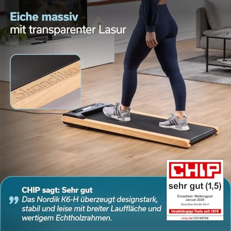 Skandika Walking Pad Nordik K6-H, Laufband für zuhause mit 6 km/h, LED-Display, Fernbedienung und Kinomap, elegantes Design mit Echtholz-Details für Büro und Home Office – Bild 2