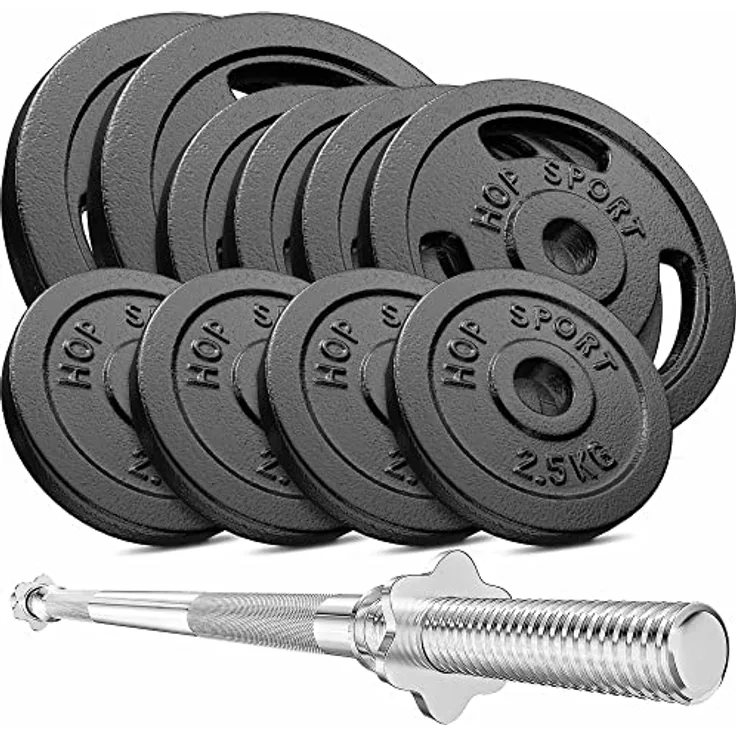 Hop-Sport Guss Hantelset mit Langhantelstange und Gewichten, 1x Langhantel, Set 39kg oder 59kg zur Auswahl (59kg)