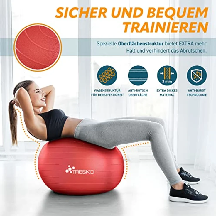 TRESKO Gymnastikball mit GRATIS Übungsposter inkl. Luftpumpe - Yogaball BPA-Frei | Sitzball Büro | Anti-Burst | 300 kg,Rot,75cm (für Körpergröße 175 - 185cm) – Bild 4