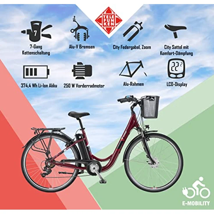 TELEFUNKEN E-Bike Elektrofahrrad Alu 28 Zoll, 7-Gang Shimano Kettenschaltung, Pedelec Citybike mit Fahrradkorb, 250W und 10,4Ah, 36V Sitzrohrakku, RC822 Multitalent, Silber – Bild 5