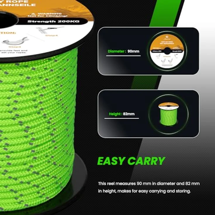 Abma Cord Abspannseile, 30m Zeltschnur mit 6 Seilspannern, 3mm Durchmesser, reflektierende Neon Grün, 200 kg Bruchlast, ideal für Camping und Outdoor-Aktivitäten – Bild 4