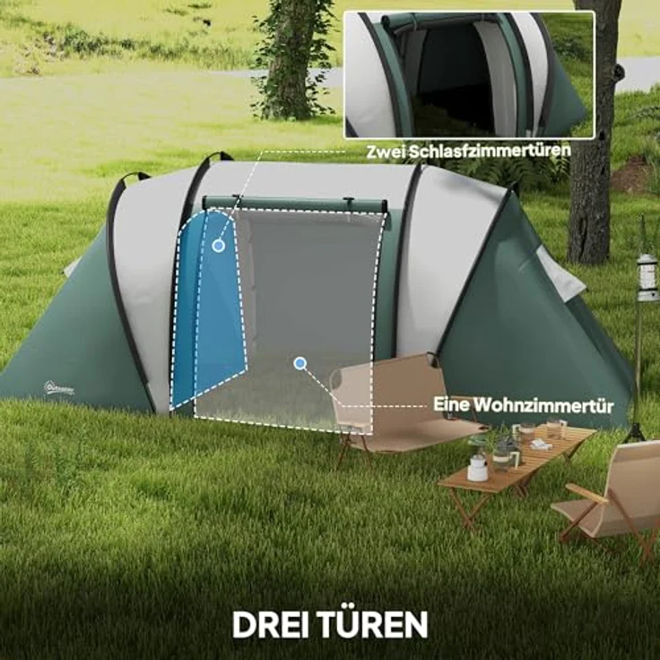 Outsunny Tunnelzelt für 4-5 Personen, wasserabweisendes Familienzelt mit 2 Schlafzimmern, 3000mm Wassersäule und 3 Mesh-Fenstern, inkl. Zubehör – Bild 4