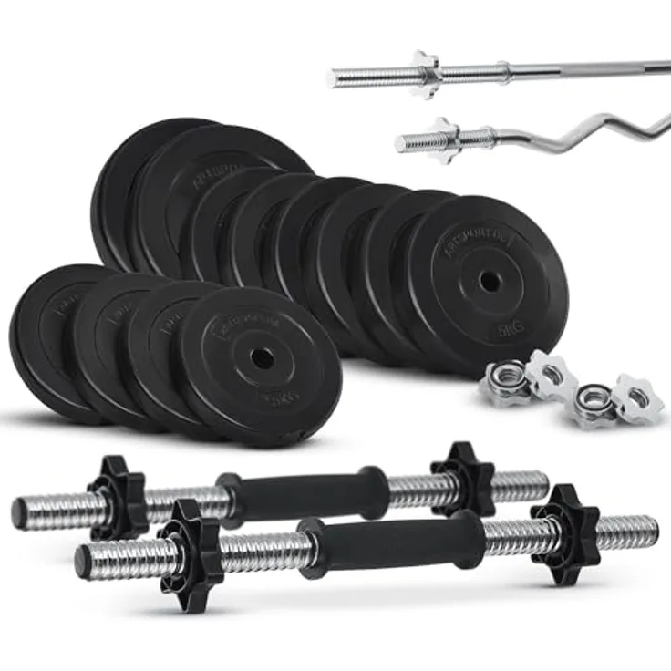 ArtSport 3in1 Hantelset mit 2 Kurzhanteln, 1 Langhantel & 1 SZ Curlhantel - 12 Gewichte mit 60kg und Sternverschlüssen - Hantel Set Krafttraining