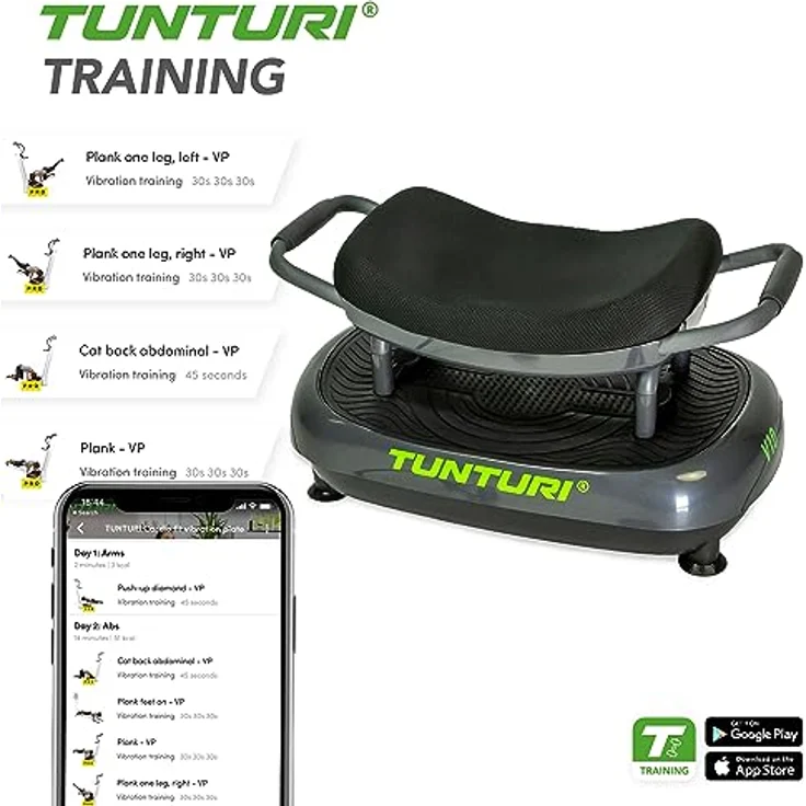 Tunturi Vibrationsplatte Cardio Fit V10 mit Schwingungen, 3 Programme, 30 Geschwindigkeiten, Hocker, Fernbedienung und Trainingsbänder – Bild 3