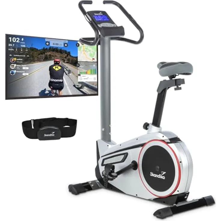 Skandika Ergometer Morpheus | Heimtrainer für Zuhause, 12 kg Schwungmasse, 32 Widerstandsstufen, 24 Programme, App Kompatibel mit Kinomap, Pulsgurt, Tablethalterung | Indoor Fahrrad bis 150 kg