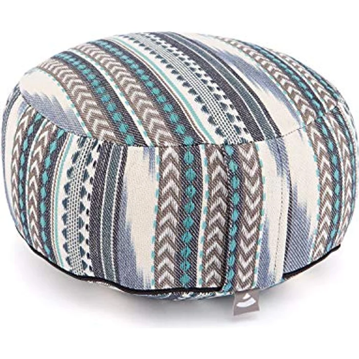 Bodhi Meditationskissen Rondo | Ethno Collection | Sitzkissen mit Tragegriff und abnehmbarem Bezug aus Baumwolle | Rundes Yogakissen mit Dinkelfüllung | Ikat-Webstoff (schwarz-weiß-blau) – Bild 2