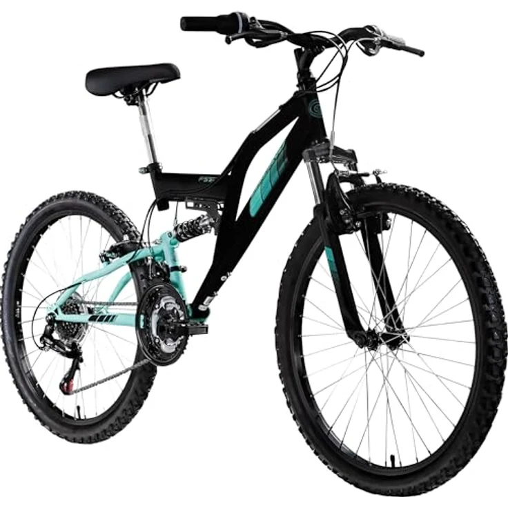 Galano Mountainbike FS240, 18 Gang Shimano Tourney, vollgefedert, 24 Zoll, schwarz/türkis, geeignet für Kinder 130-145 cm – Bild 1