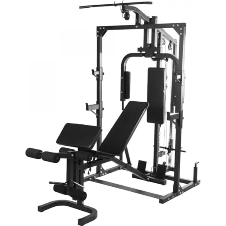 GORILLA SPORTS® Kraftstation - Verstellbar, mit Hantelbank, Latzug, Butterfly, Beincurl, Curlpult, aus Stahl, Schwarz - Multifunktionale Fitnessstation für Zuhause – Bild 1