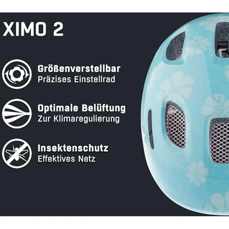ALPINA Ximo Kinderfahrradhelm, Leicht, Bruchfest, mit optionalem LED-Licht, Aqua Rose Flower Gloss, Größe 47-51 – Bild 2