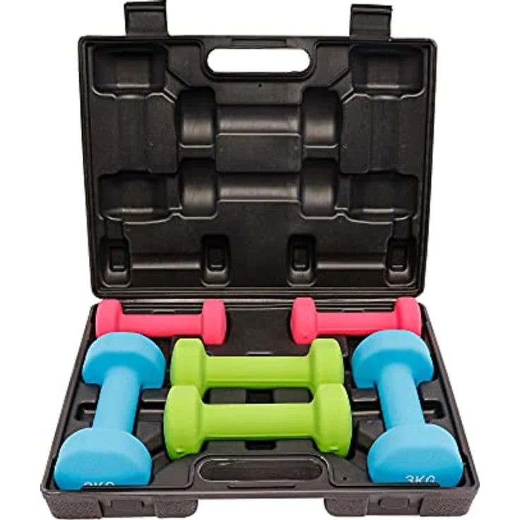 GORILLA SPORTS® Kurzhanteln Set - 12 kg Gewichte mit Koffer, 2 x 1 kg, 2 x 2 kg und 2 x 3 kg Gewichte, Rutschfeste, Neopren - Hantelset, Aerobic Dumbbells, Krafttraining, Hantelkoffer, Fitness Hanteln – Bild 2