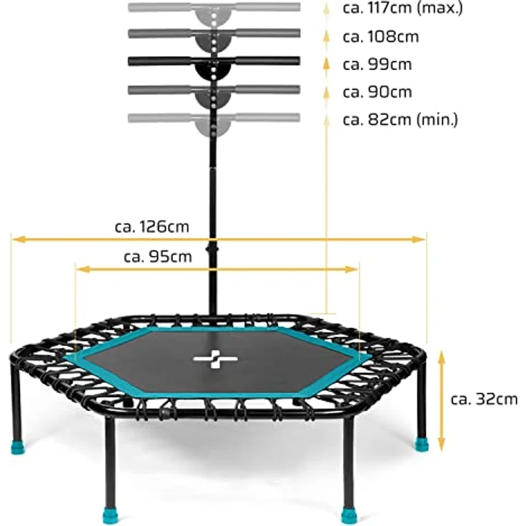SportPlus Fitness Trampolin für zuhause, mit Haltestange (5-Fach höhenverstellbar), weiche Gummiseilfederung, sehr leise & bis 130 kg belastbar – Bild 2