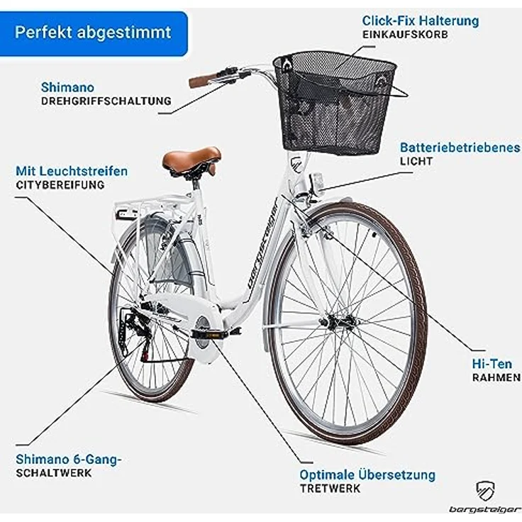 Bergsteiger Paris 28 Zoll Damenfahrrad, Retro-Design, ab 160 cm, Korb, Fahrrad-Licht, 6 Gang-Schaltung, Damen-Citybike - Preisvergleich – Bild 5
