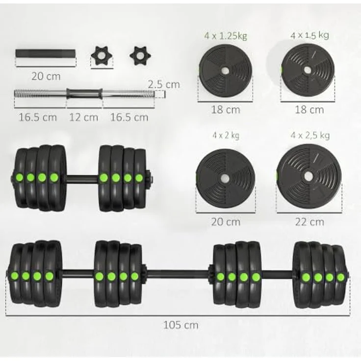 SPORTNOW Hantel-Set 2-in-1 verstellbares Gewicht, Kurzhantel- und Langhantelset für vielseitiges Training, Schwarz+Grün – Bild 7