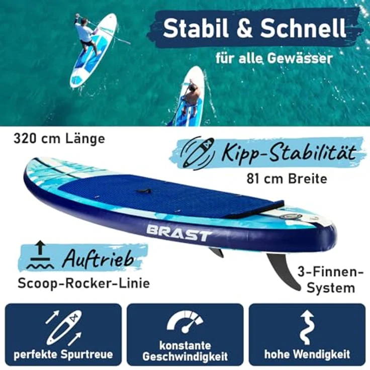 BRAST SUP Board Shark, Aufblasbares Stand-Up Paddle Set 320x81x15cm, 200 kg Tragkraft, inkl. 2in1 Paddel, Kajak-Sitz, Action-Cam-Halterung, 8 Designs, 5 Jahre Garantie – Bild 2