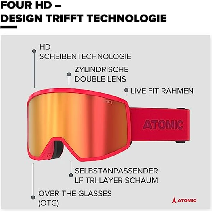 ATOMIC FOUR HD Skibrille, hochwertige, verspiegelte Snowboardbrille mit kontrastreichen Farben, Live Fit Rahmen und großem Sichtfeld, Weiß – Bild 2