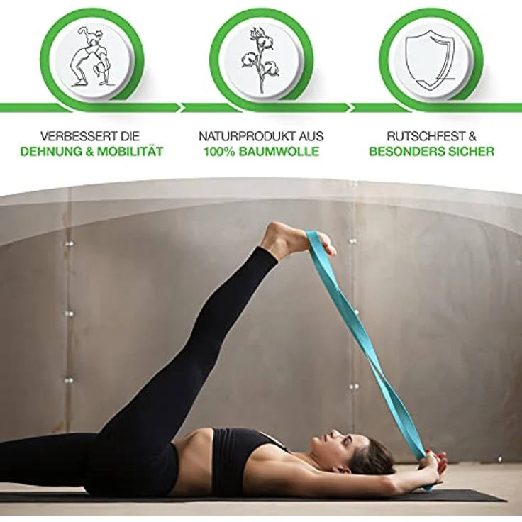 BACKLAxx® Yoga Gurt Baumwolle (petrol) – Nachhaltiges Yoga Zubehör Set, Yogagurt 250 cm lang mit praktischem Verschluss aus Metall – Yoga Set ideal für Yoga, Pilates und Dehnen inkl. Anwendungsvideos – Bild 2